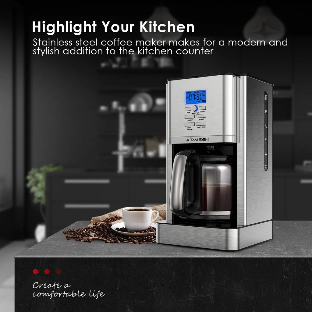 AIRMSEN Stainless Steel 12 Cup Programmable Drip Coffee Maker R555