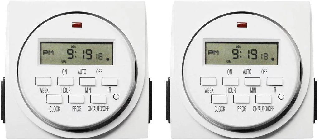 iPower 7 Day Heavy Duty Digital Programmable Electric Timer, Indoor Dual Outlet Switch for Lights, 125VAC, 15A, 60 Hz, 1725W, White, 2 Pack