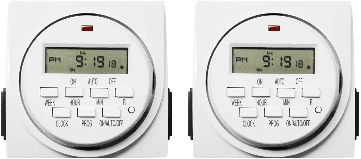 iPower 7 Day Heavy Duty Digital Programmable Electric Timer, Indoor Dual Outlet Switch for Lights, 125VAC, 15A, 60 Hz, 1725W, White, 2 Pack