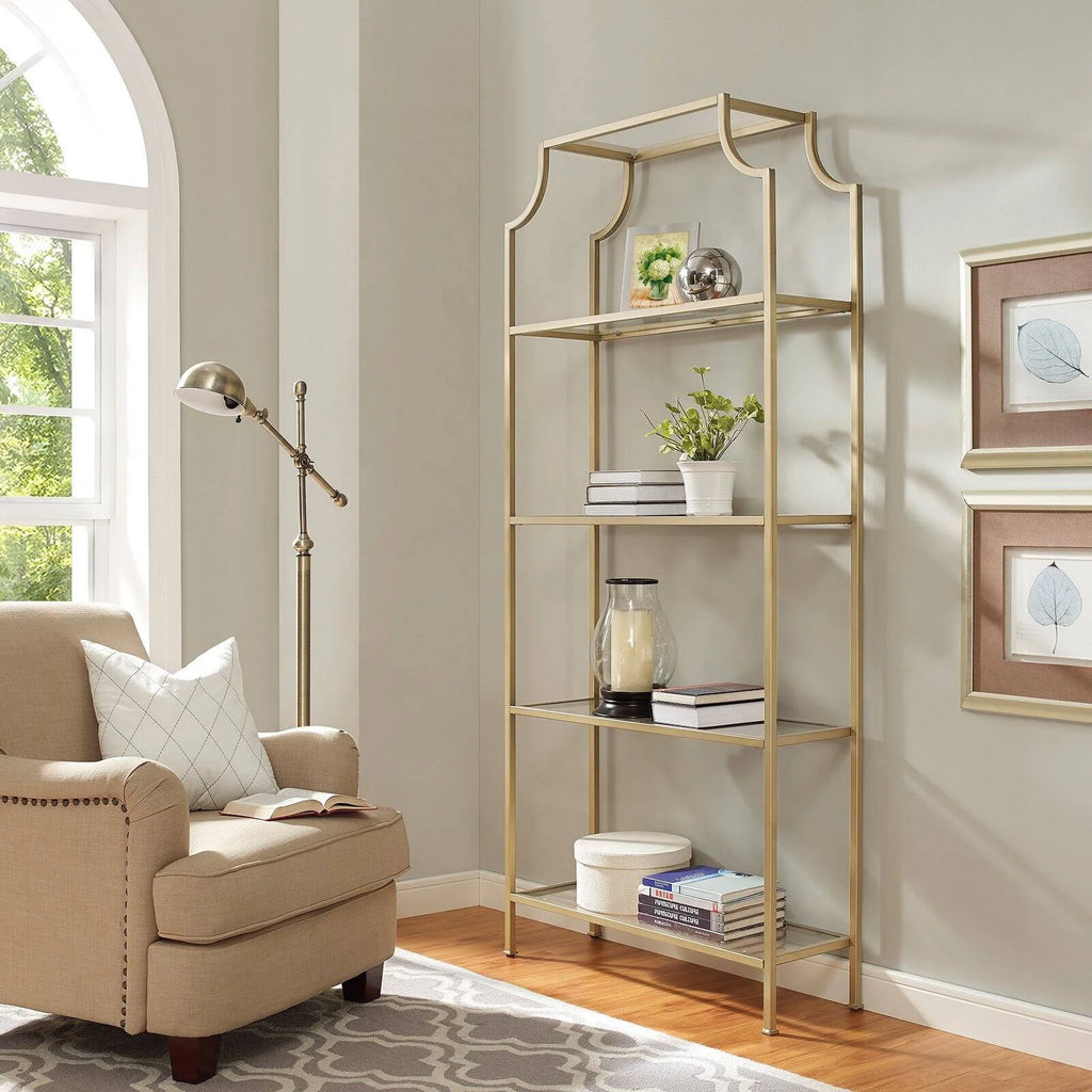 Crosley Furniture Aimee 4 Shelf Glass/Metal Etagere Bookcase in Antique Gold