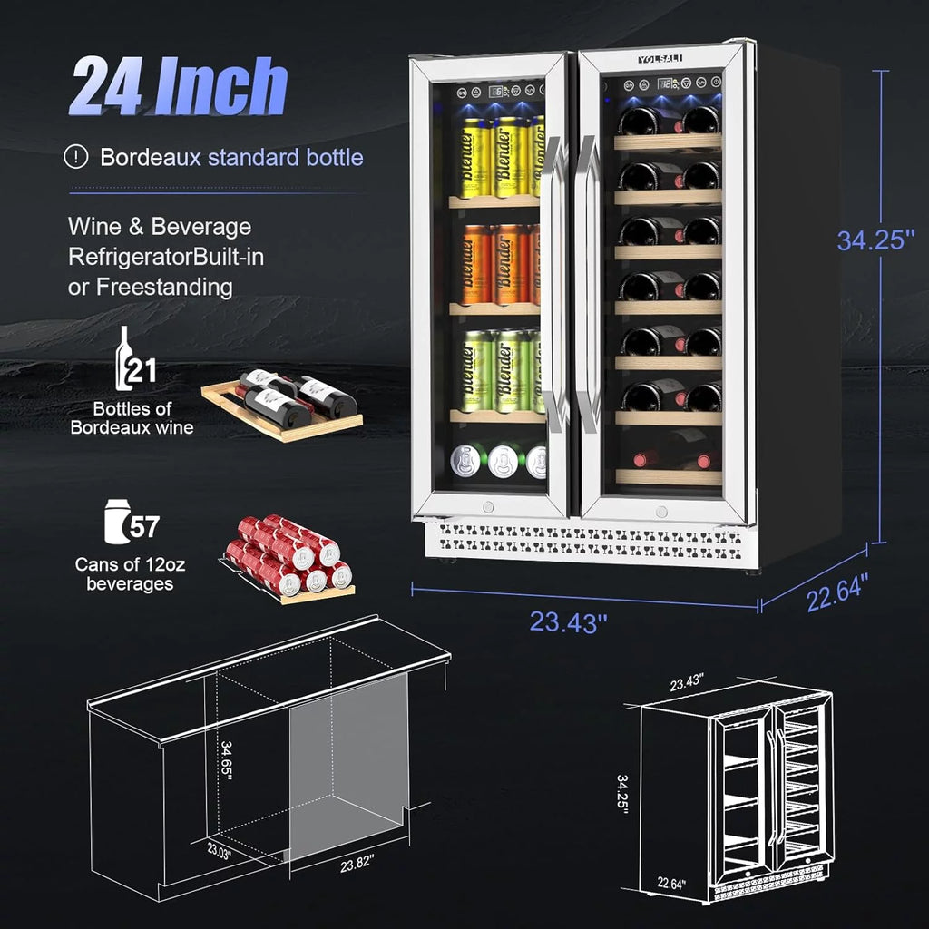 Yolsali 24 Inch Dual Zone Wine Cooler Refrigerator, Built-In or Freestanding C3391