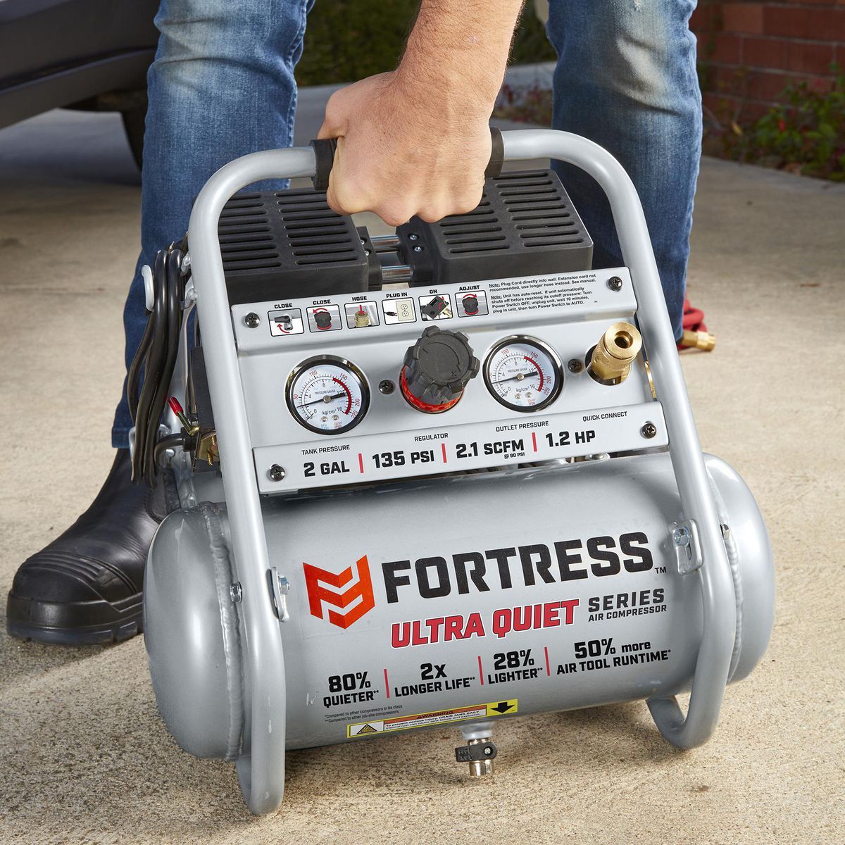 FORTRESS 2 Gallon 135 PSI Ultra Quiet Oil-Free Air Compressor S75569